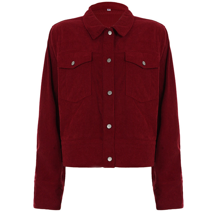 Damen Kurzgeschnittene Cord-Truckerjacke mit Druckknöpfen und aufgesetzten Brusttaschen Drune