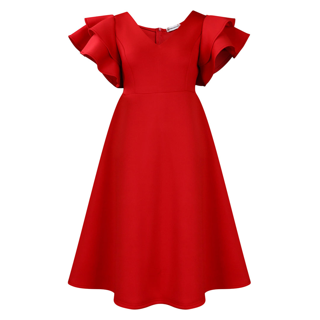 Damen Midi-Kleid mit voluminösen Rüschenärmeln und weit schwingendem Rock Drune