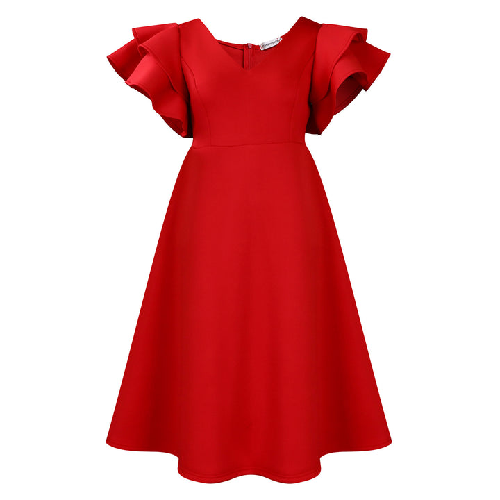 Damen Midi-Kleid mit voluminösen Rüschenärmeln und weit schwingendem Rock Drune