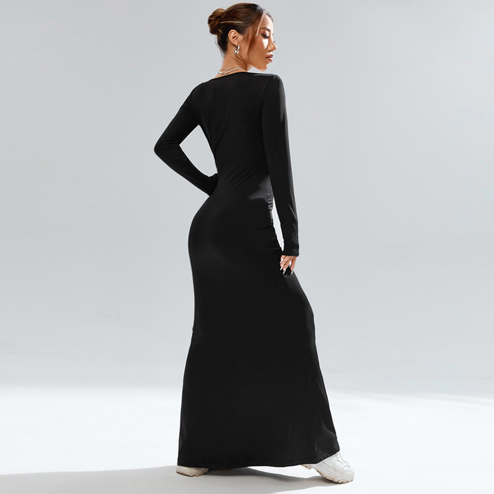 Damen elegantes Maxi-Kleid mit ausgefallenem quadratischen Ausschnitt und figurformender Silhouette Drune