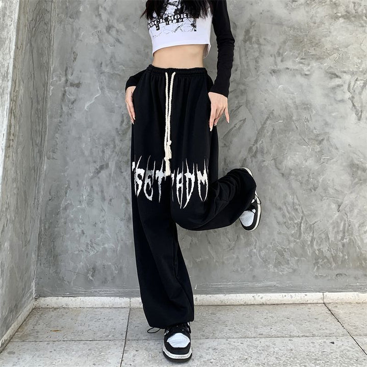 Damen nan weite Oversize-Sweatpants mit Kordelzug und Gothic-Print Drune