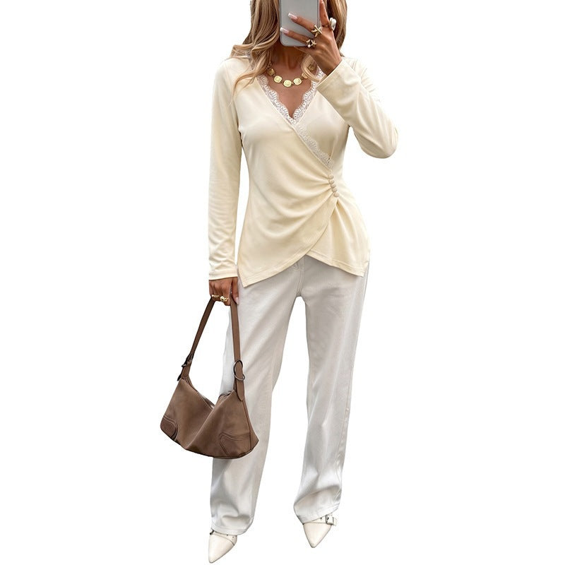 Damen Wickel-Longsleeve mit Spitzenbesatz und seitlicher Raffung Drune