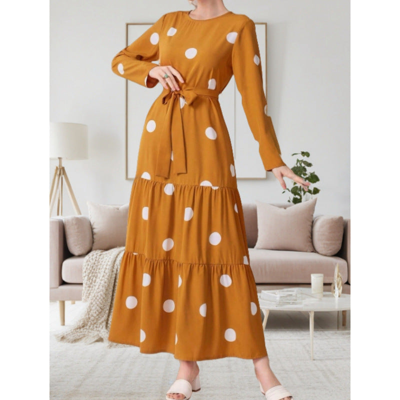 Damen Maxikleid mit buntem Polka-Dot-Muster und Taillengürtel Drune