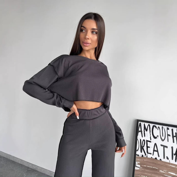 Damen Cropped Oversized-Sweatshirt mit Overlocknähten und High-Waist ausgestellter Hose Set Drune