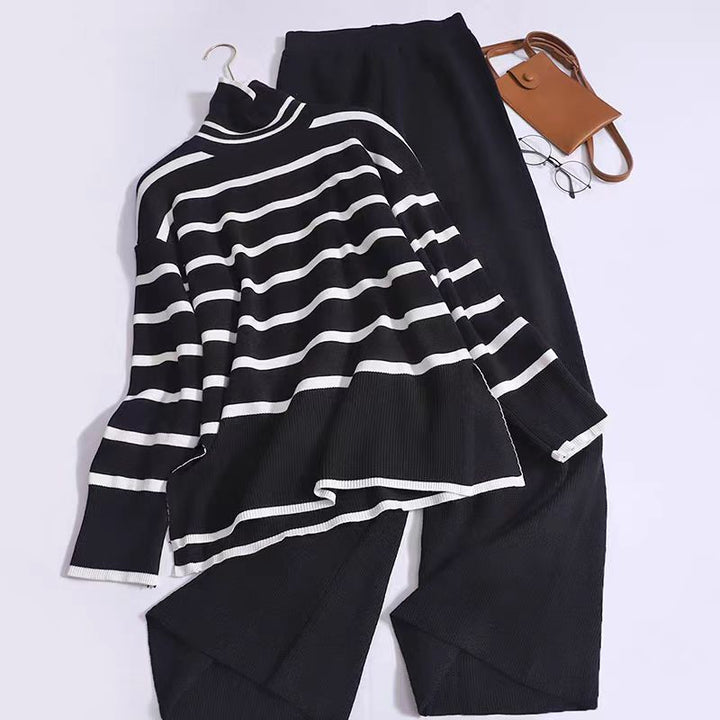 Damen modisches Strickensemble mit feinen Streifen Drune