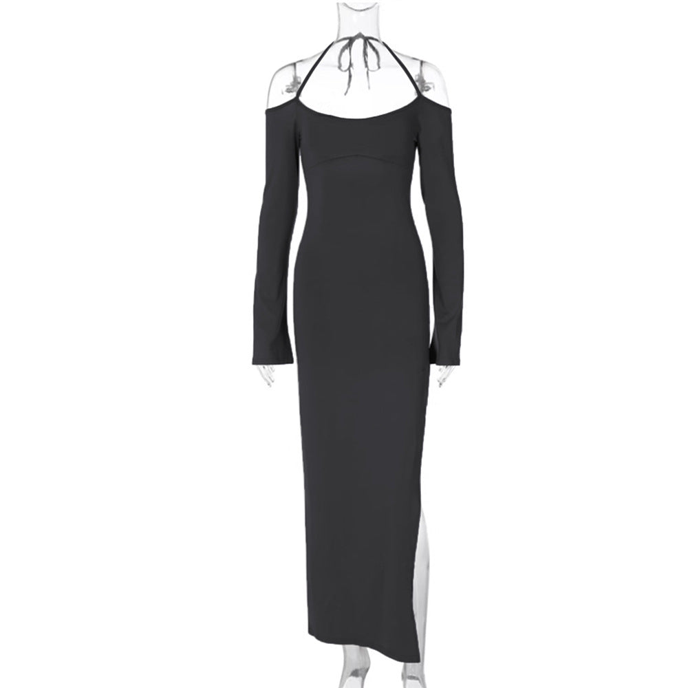 Damen langes Abendkleid mit Neckholder und schulterfreiem Bell-Ärmel, figurbetonter Taillenraffung und hohem seitlichem Beinschlitz Drune