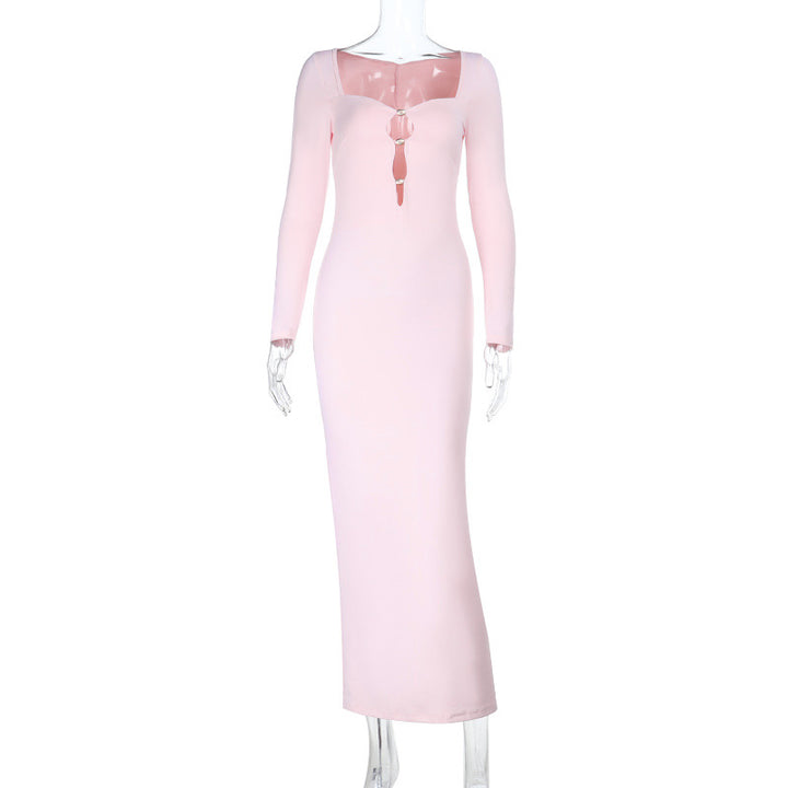 Damen elegantes Maxikleid mit transparentem Ausschnitt und langem Arm Drune