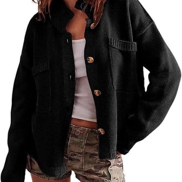 Damen lässige Strickjacke mit aufgesetzten Taschen und Knopfverschluss Drune