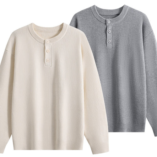 Unisex Oversize Rippstrick-Henley-Pullover mit 3‑Knopf-Leiste Drune