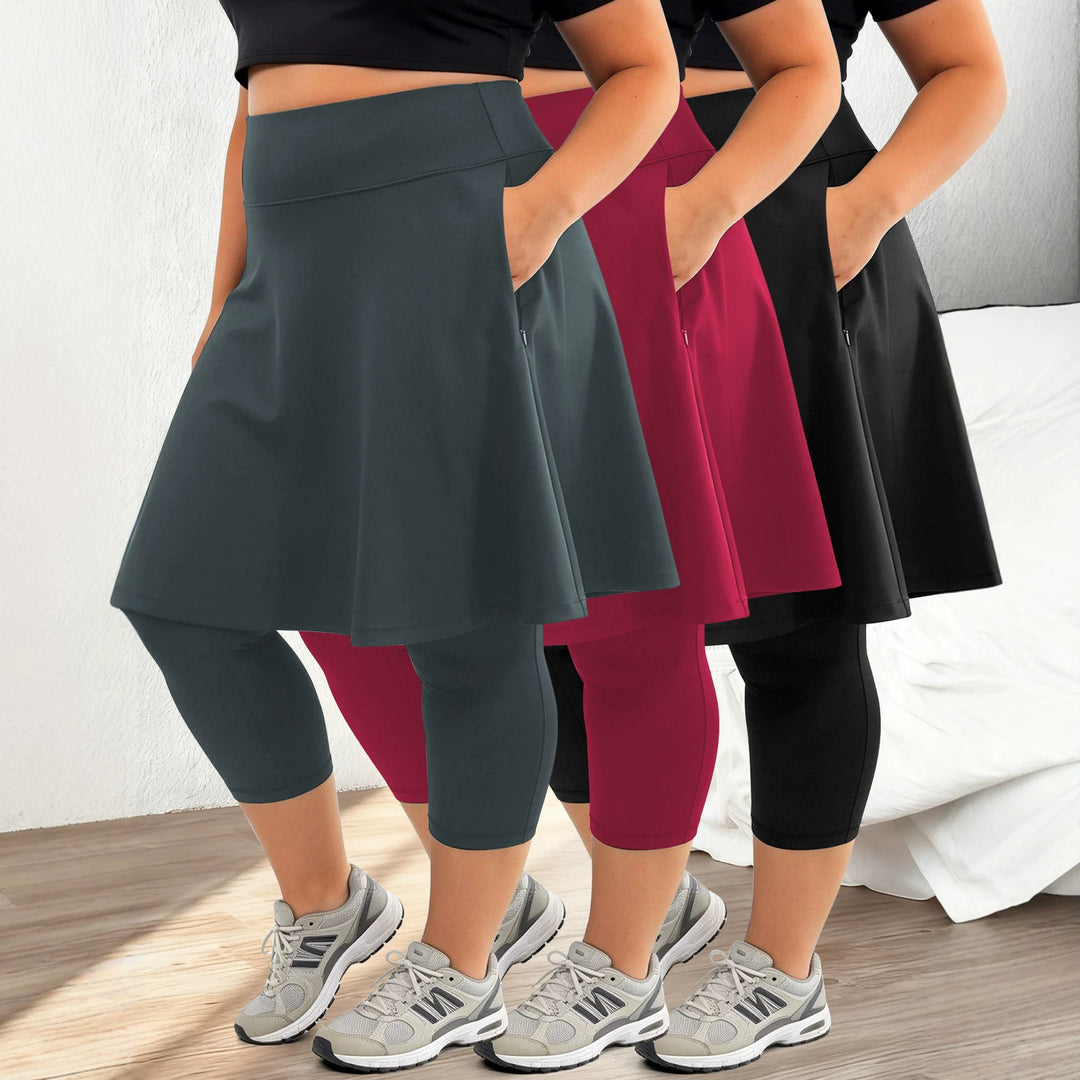 Damen Leggings mit integriertem Rock hoher Taillenbund und Seitentasche Drune