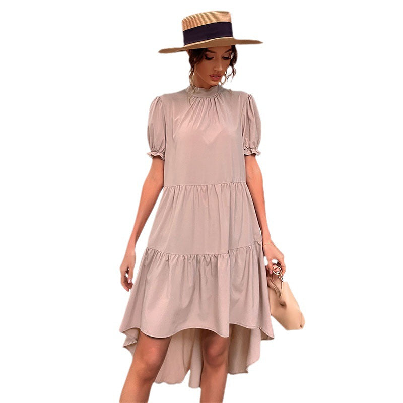 Damen lässiges Sommerkleid mit voluminösen Puffärmeln und elegantem asymmetrischem Saum Drune