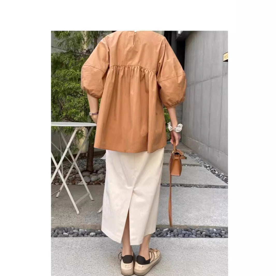 Damen Weite Baumwollbluse mit 3/4-Ballonärmeln und abgerundetem Saum Drune