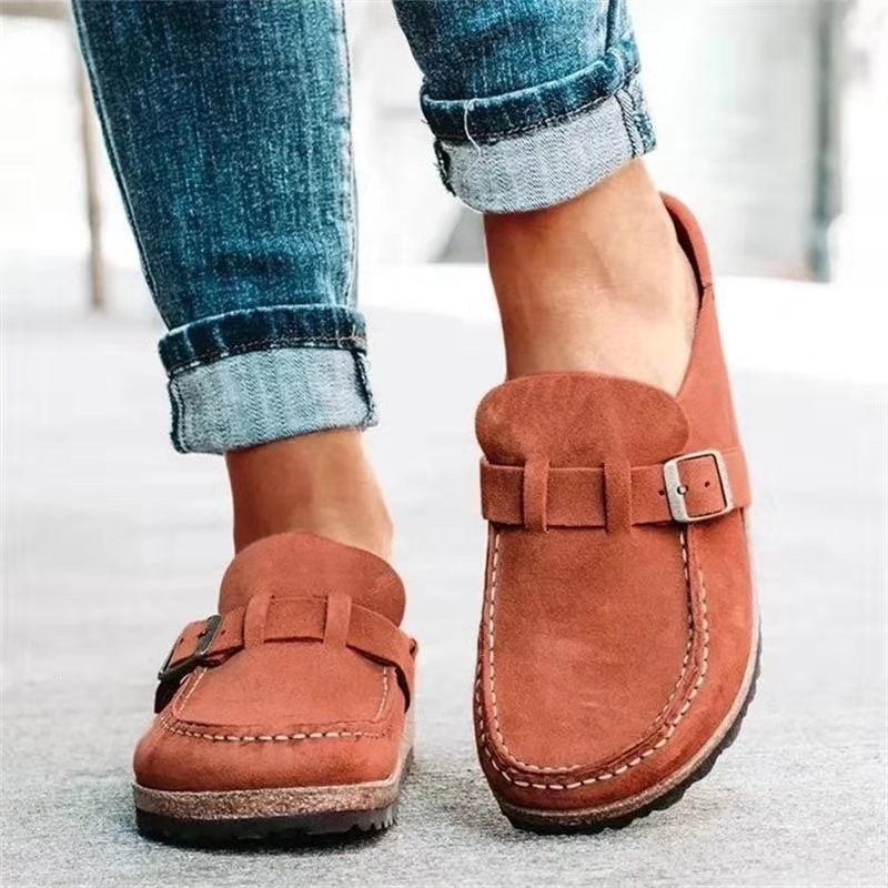 Damen Veloursleder-Slipper mit ergonomischer Korksohle und verstellbarem Schnallenriemen Drune