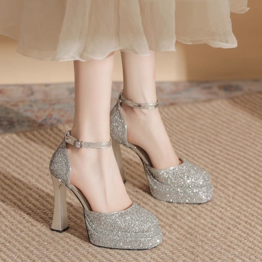 Damen Glitzernde Plateau-Pumps mit elegantem Knöchelriemen Drune