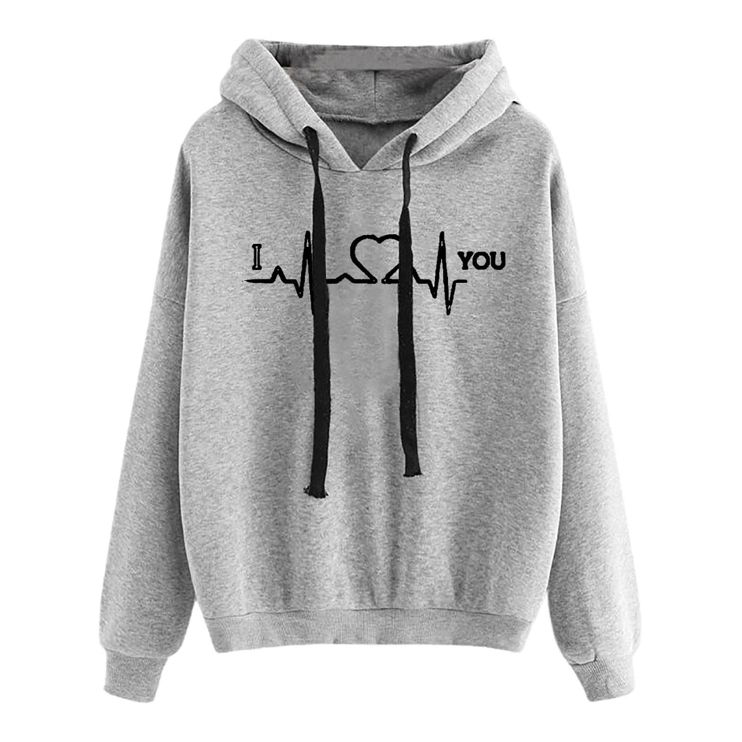 Damen nan leichter Oversize Kapuzenpullover mit Herz‑EKG‑Motiv, langen Kordeln und elastischem Bund Drune