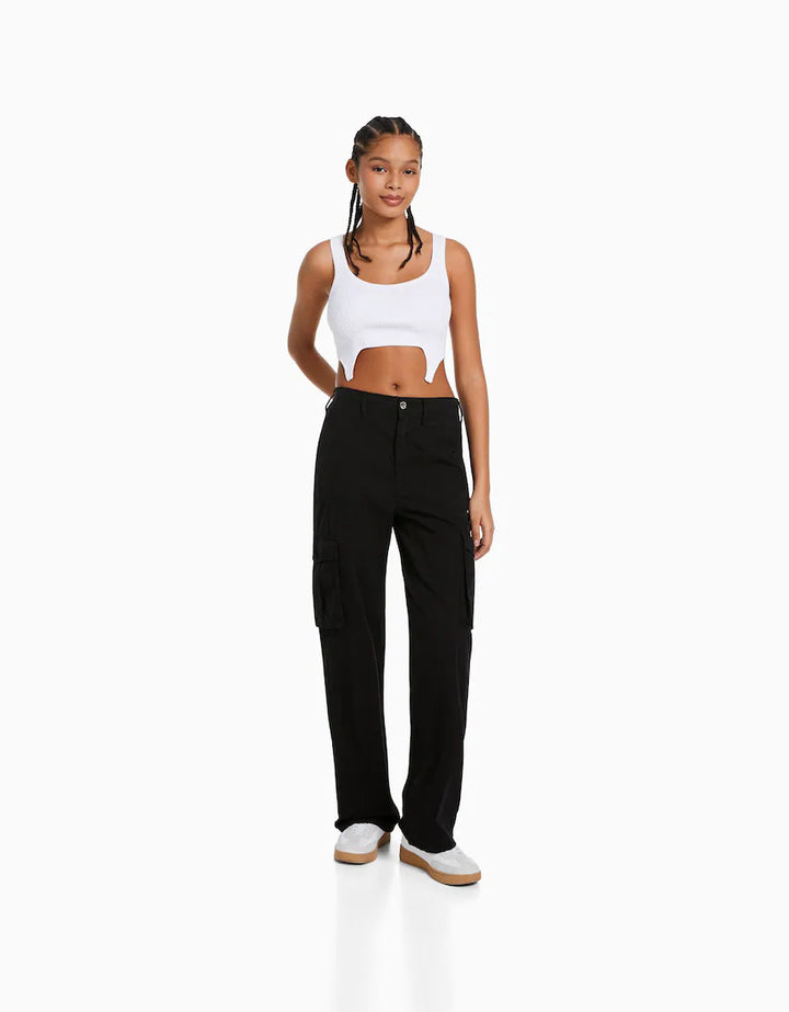 Damen nan weite High-Waist Cargo-Hose mit aufgesetzten Pattentaschen und geradem Bein Drune