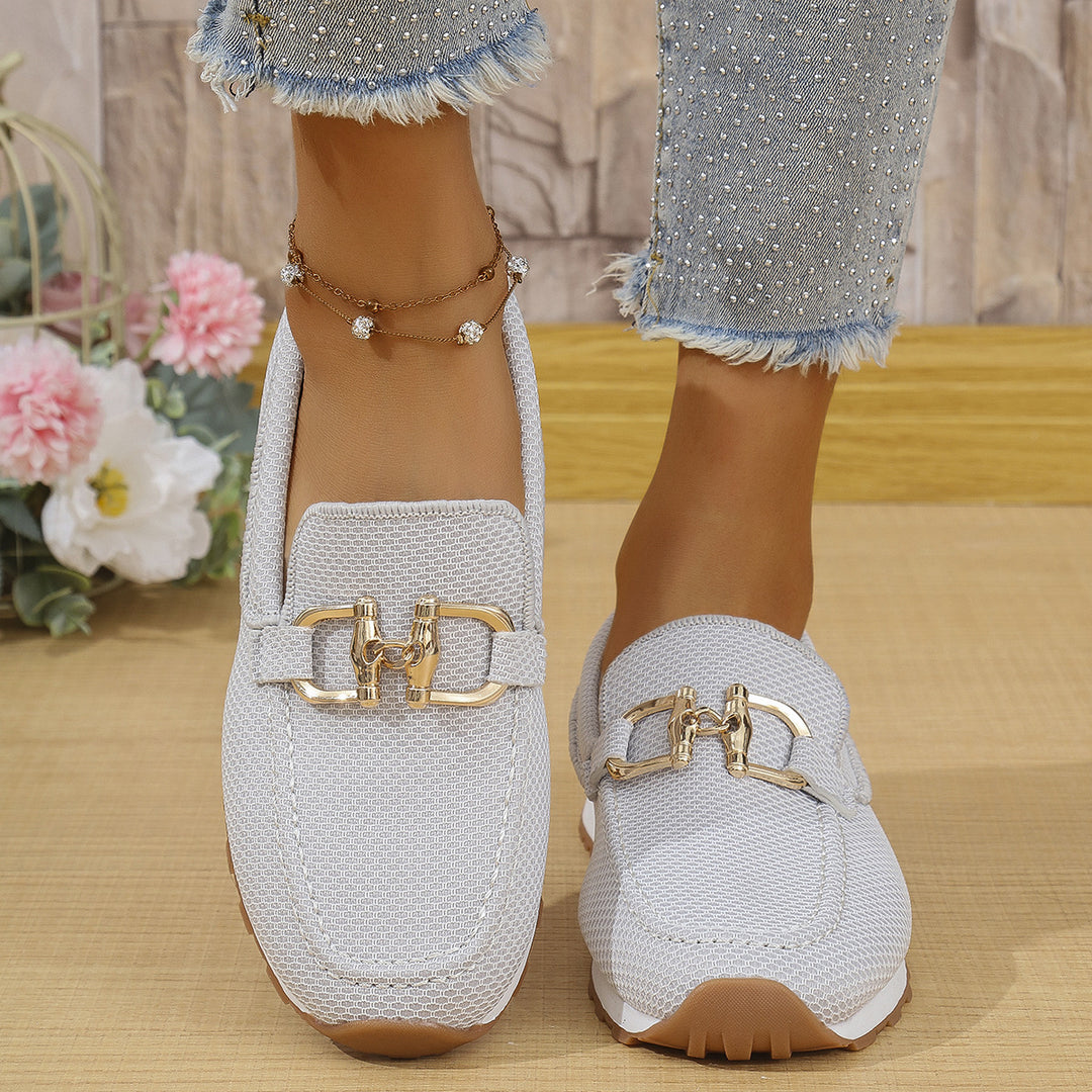 Damen  elegante Slipper Loafer mit gepolsterter Innensohle und dekorativer Metallapplikation Drune