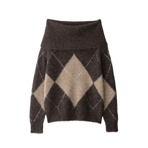 Damen 40+ weicher Mohair‑Mix Pullover mit weitem Rollkragen und Argyle‑Muster Drune