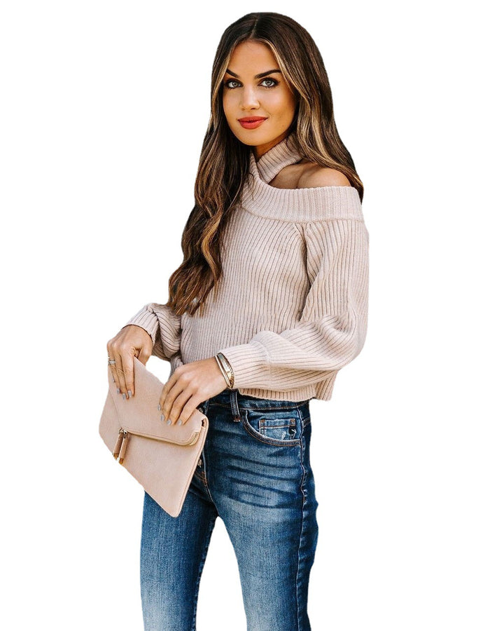 Damen Gerippter Cropped-Strickpullover mit Stehkragen und Schultercutout Drune