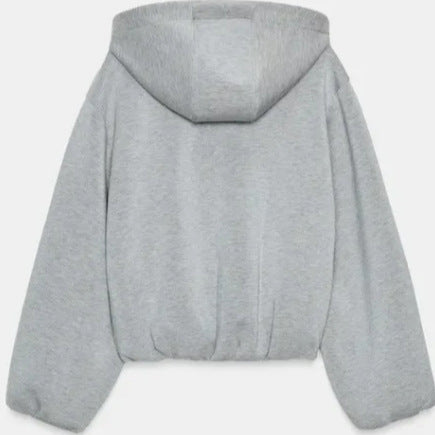Damen Cropped Kapuzen‑Sweatjacke im Bomberstil mit Ballonärmeln Drune