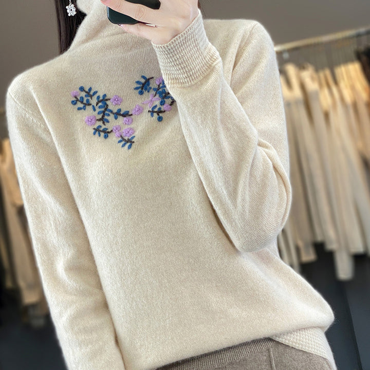 Damen Kaschmir‑Optik Rollkragenpullover mit zarter Blumenstickerei am Brustbereich Drune