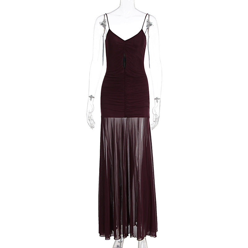Damen Elegantes Langarm-Maxikleid mit transparentem Rock Drune