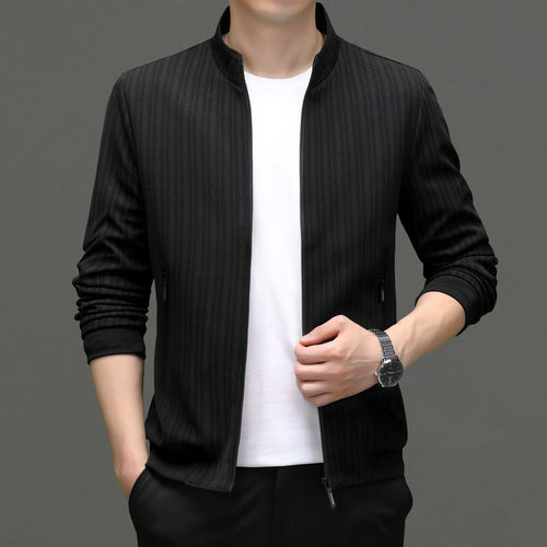 Herren elegante Strickjacke mit Stehkragen und feinen Streifen Drune