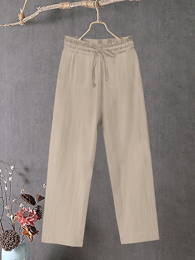 Damen Crinkle Leinenmischung Hose mit elastischem Kordelzug, gerade Beinform und lässiger Passform Drune