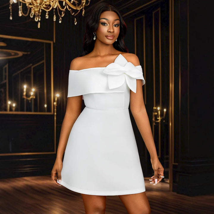 Damen Off-Shoulder Kleid mit großem Schleifenakzent Drune