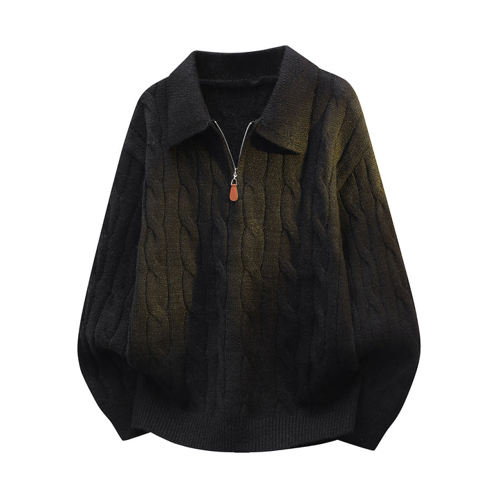 Unisex Oversize-Zopfmuster-Pullover mit Halbreißverschluss und Hemdkragen Drune
