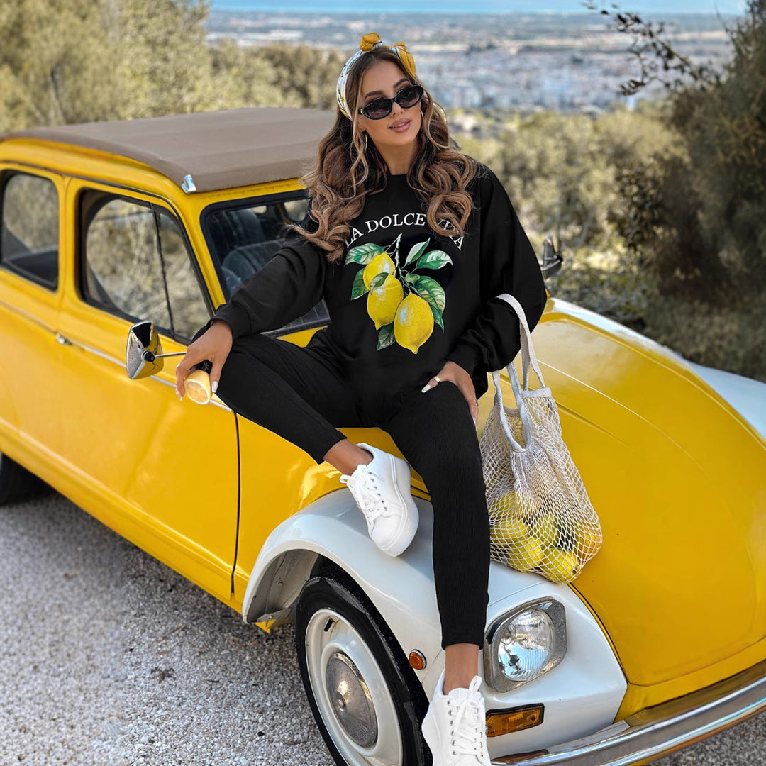 Damen lässiges Sweatshirt-Set mit Zitronenprint und gerippten Leggings Drune