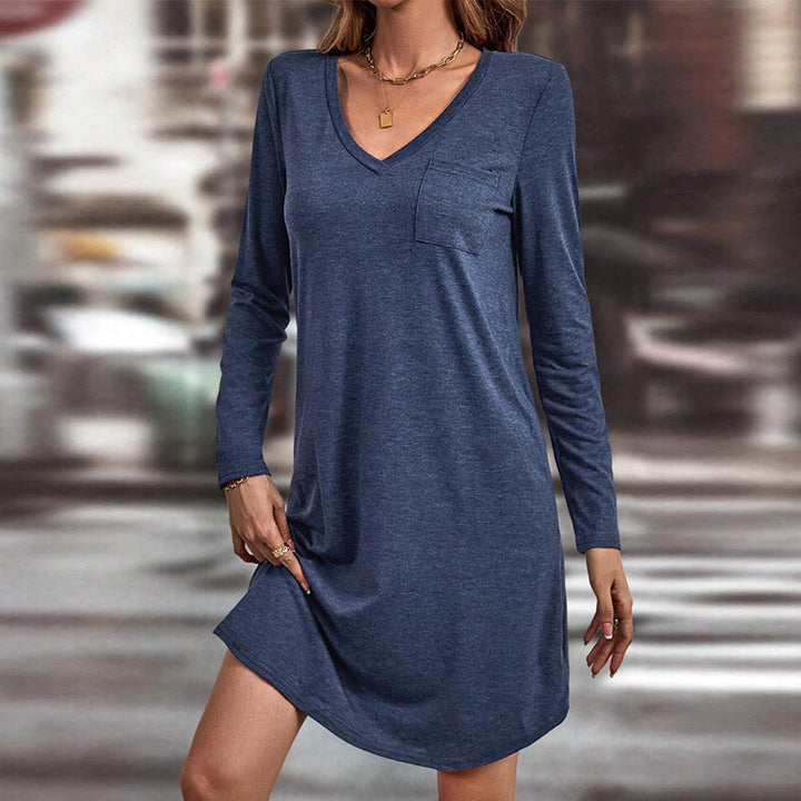 Damen lässiges Jersey-Kleid mit V-Ausschnitt Brusttasche und legerer A-Linie Drune