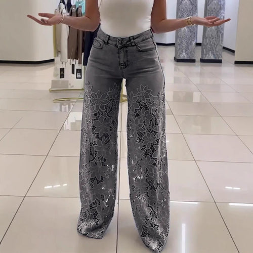 Damen Elegante weite Jeanshose mit floralem Spitzeinsatz Drune