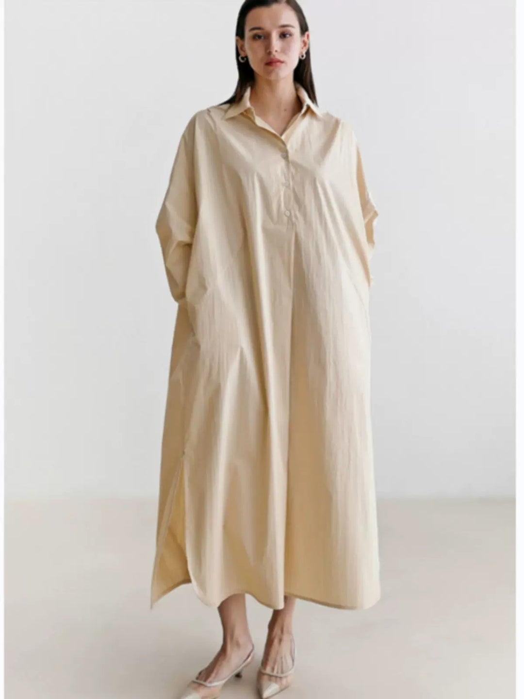 Damen Fließendes Oversize‑Hemdkleid mit Kentkragen, Kimonoärmeln und Seitenschlitzen Drune