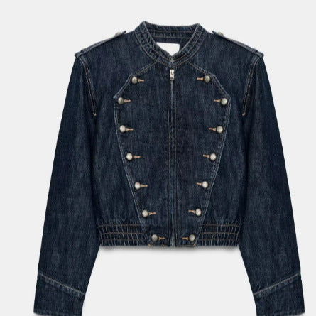 Damen Kurz geschnittene Jeansjacke mit Mandarinkragen, Zierknopfreihe und Schulterpatten Drune