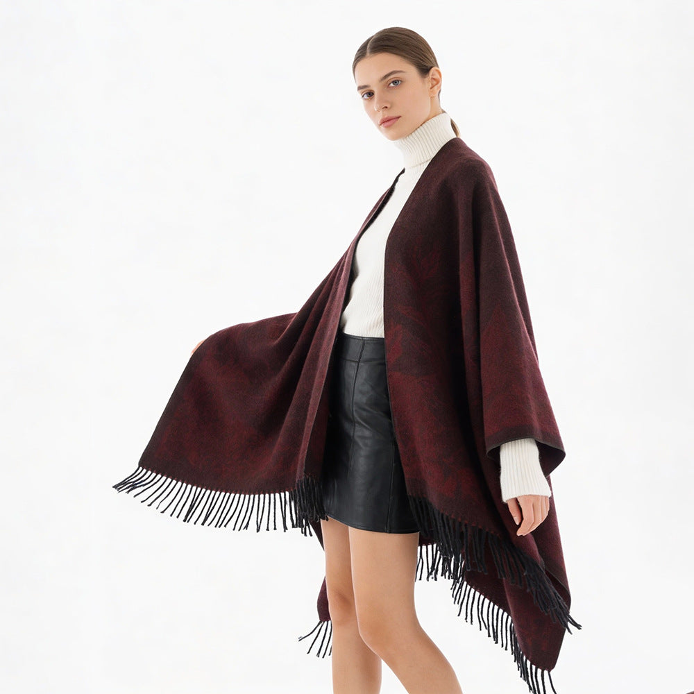 Damen V‑Ausschnitt Cape‑Poncho mit floralem Jacquard und Fransensaum Drune