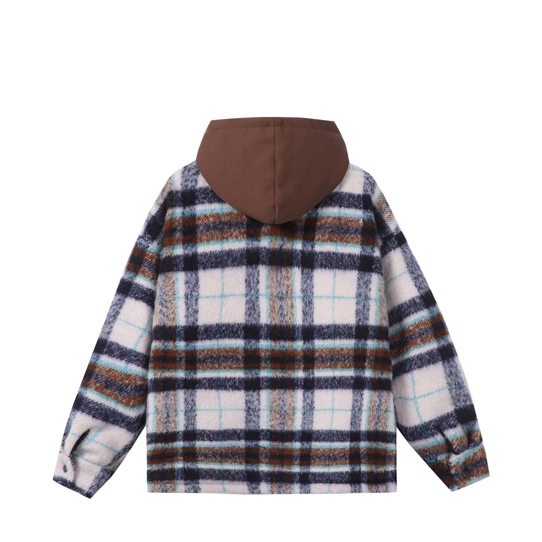 Unisex Kurz geschnittener kariertes Fellimitat-Blouson mit Kapuze und Reißverschluss Drune