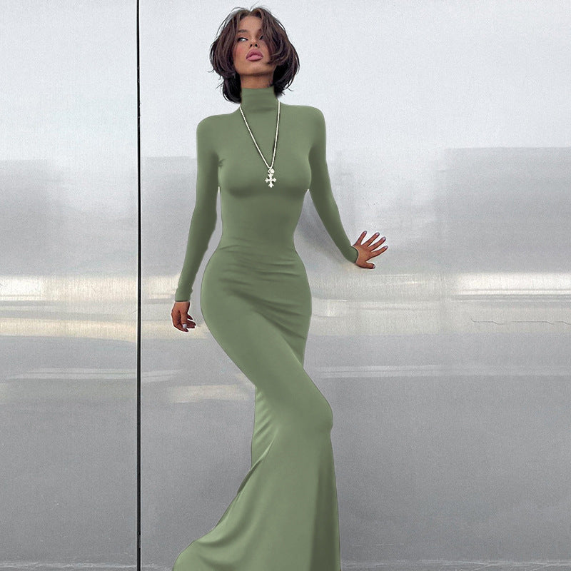 Damen Langarm-Maxikleid mit figurbetontem Schnitt und hohem Kragen Drune