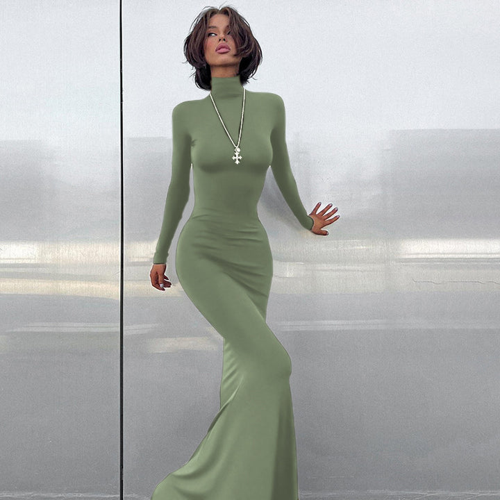Damen Langarm-Maxikleid mit figurbetontem Schnitt und hohem Kragen Drune