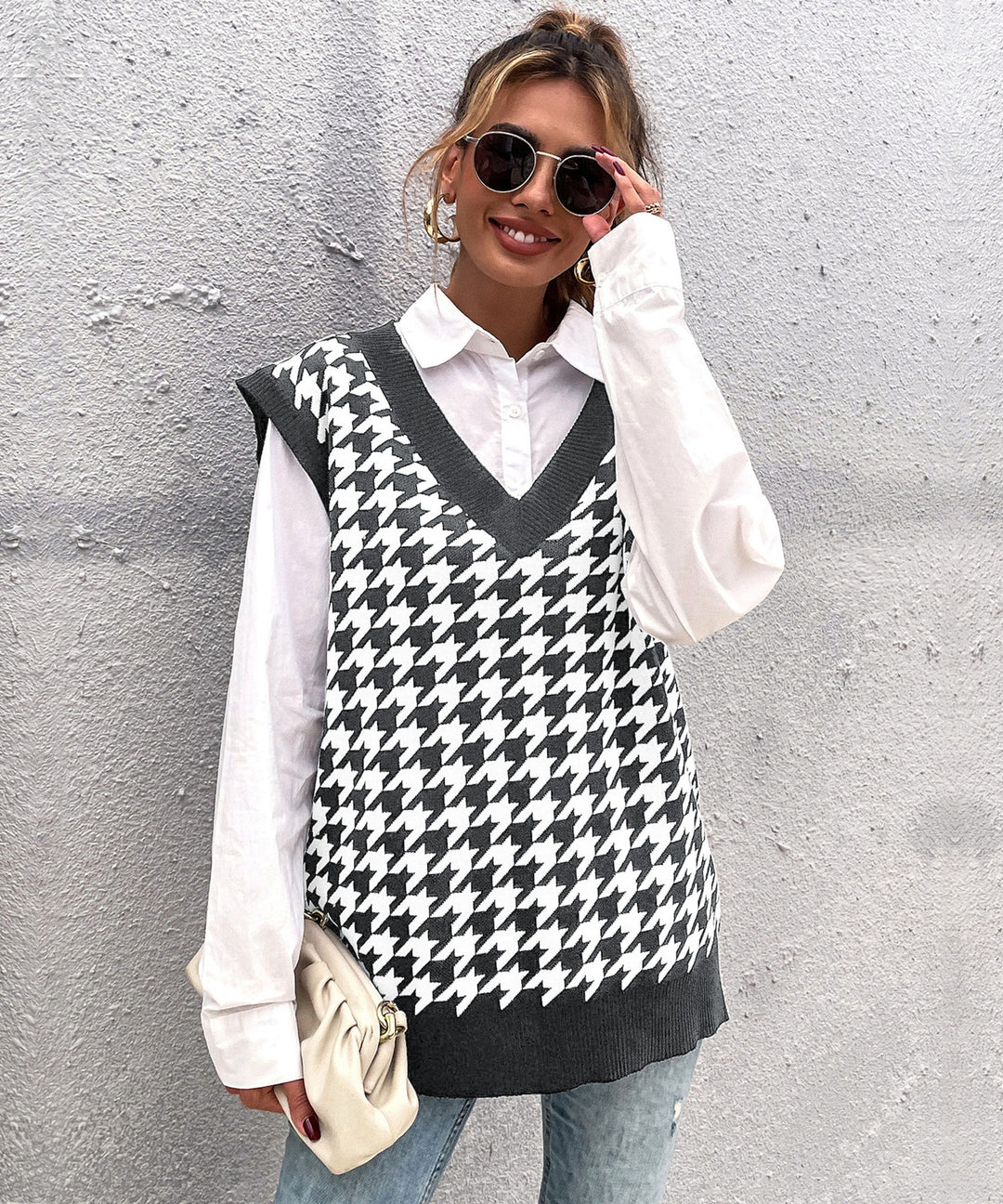 Damen Oversize Strickweste mit Hahnentrittmuster und V-Ausschnitt Drune