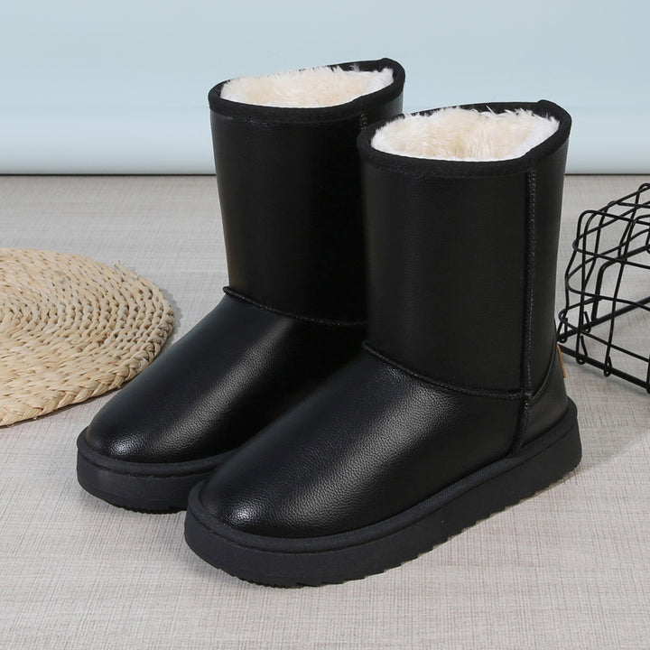 Damen Winterstiefel mit Teddyfutter, Lederoptik und flacher Plateau‑Sohle Drune