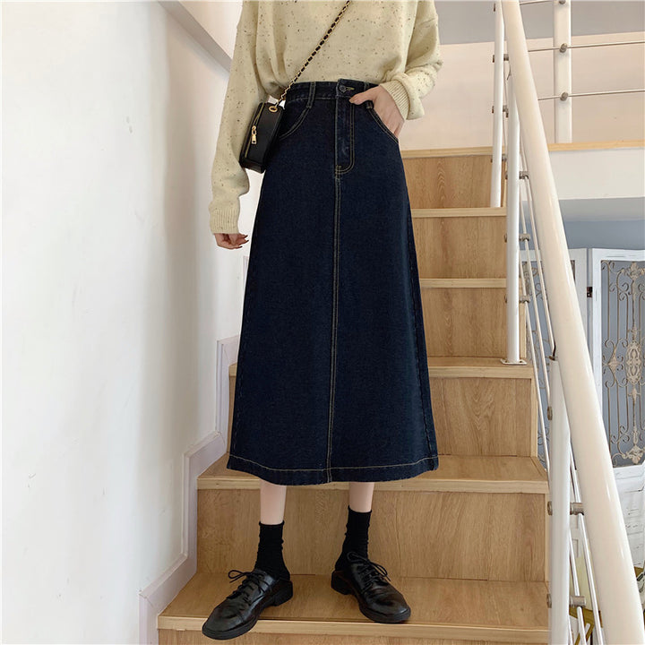 Damen Denim-Midi-Rock mit hoher Taille Drune