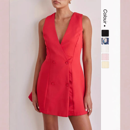 Damen Blusenkleid mit tiefem V-Ausschnitt und doppelter Knopfleiste Drune