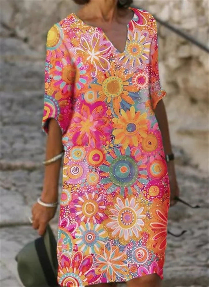 Damen lässiges Freizeitkleid mit floralen Mustern und V-Ausschnitt Drune