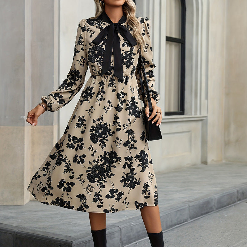 Damen elegantes Midi-Kleid mit Blumenmuster und Schleifendetails Drune
