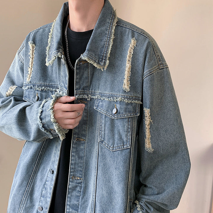 Herren Oversize Jeansjacke mit Used‑Look, ausgefransten Kanten und Druckknöpfen Drune