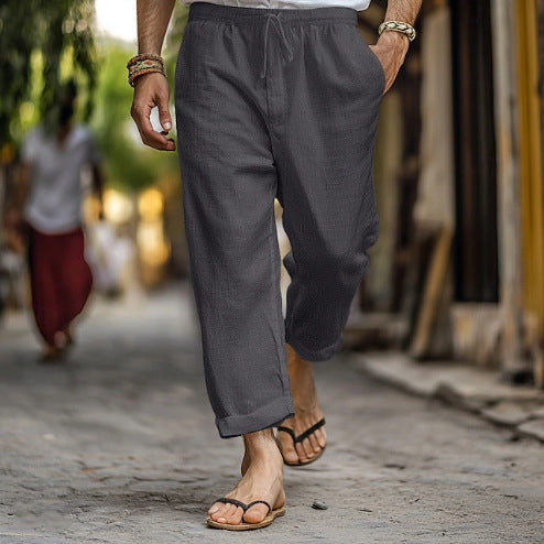Herren lässige Leinen-Joggerhose mit elastischem Tunnelzugbund, seitlichen Eingrifftaschen und aufrollbarem Saum Drune