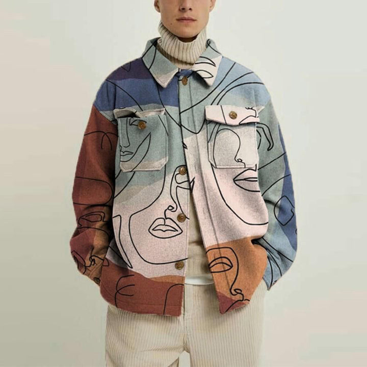 Damen Oversized Wolloptik-Überhemd mit asymmetrischem Vogelprint und Pattentasche Drune