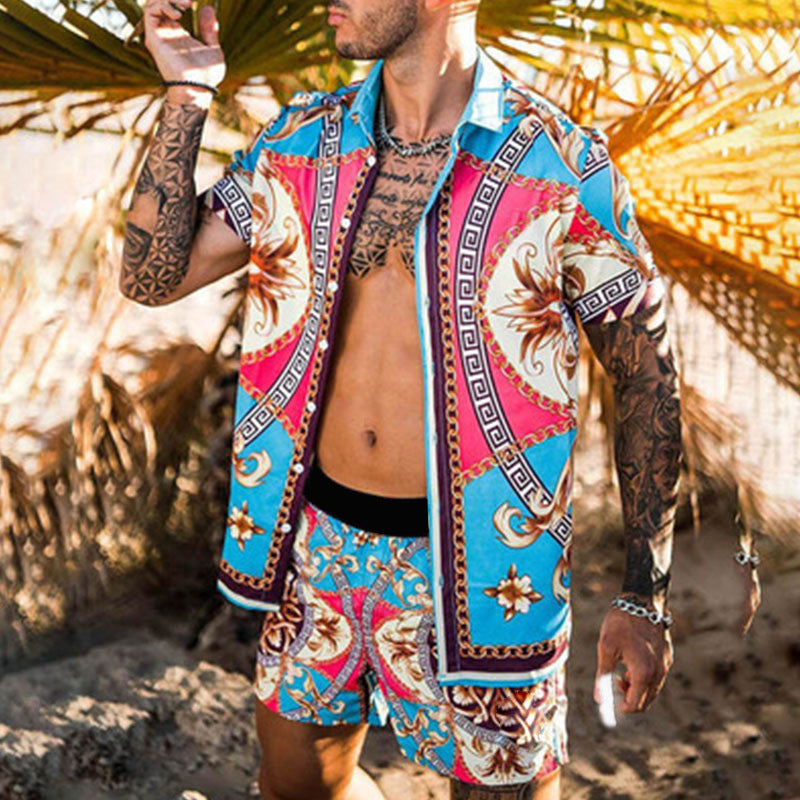 Herren nan barockgemustertes Kurzarm-Hemd mit passender locker geschnittener Shorts Drune