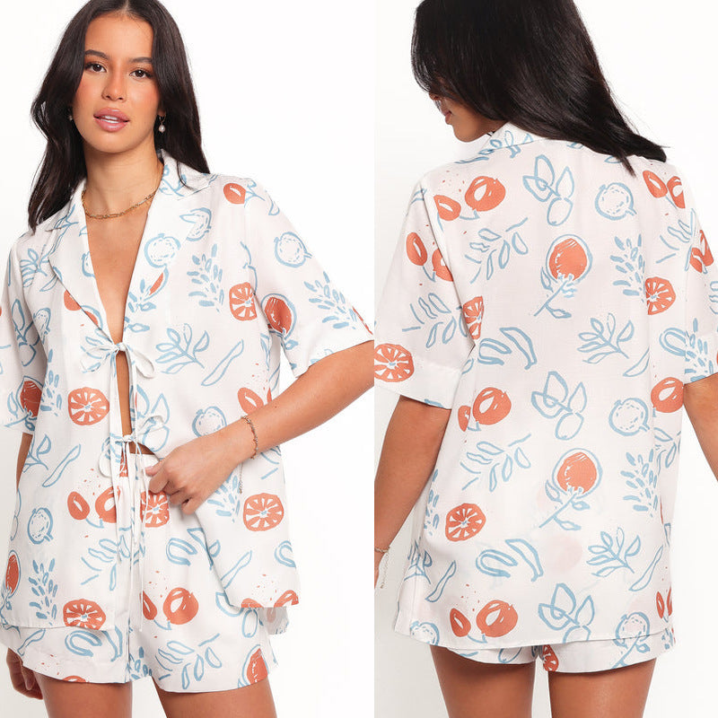 Damen lässiges Set mit kurzer Bluse und Shorts im fruchtigen Design Drune